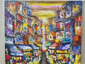 Tranh phố đường tàu, tranh sơn dầu phong cảnh phố đường tàu đẹp