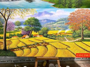 Tranh phong cảnh mùa gặt Tây Bắc núi cao hùng vĩ