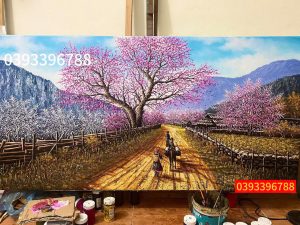 Tranh phong cảnh tây bắc mùa xuân sơn dầu, tranh phong cảnh