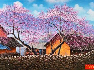 Tranh phong cảnh tây bắc hoa đào mùa xuân sơn dầu HD2