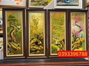 Tranh tùng trúc cúc mai - Tranh sơn dầu tứ quý dát vàng